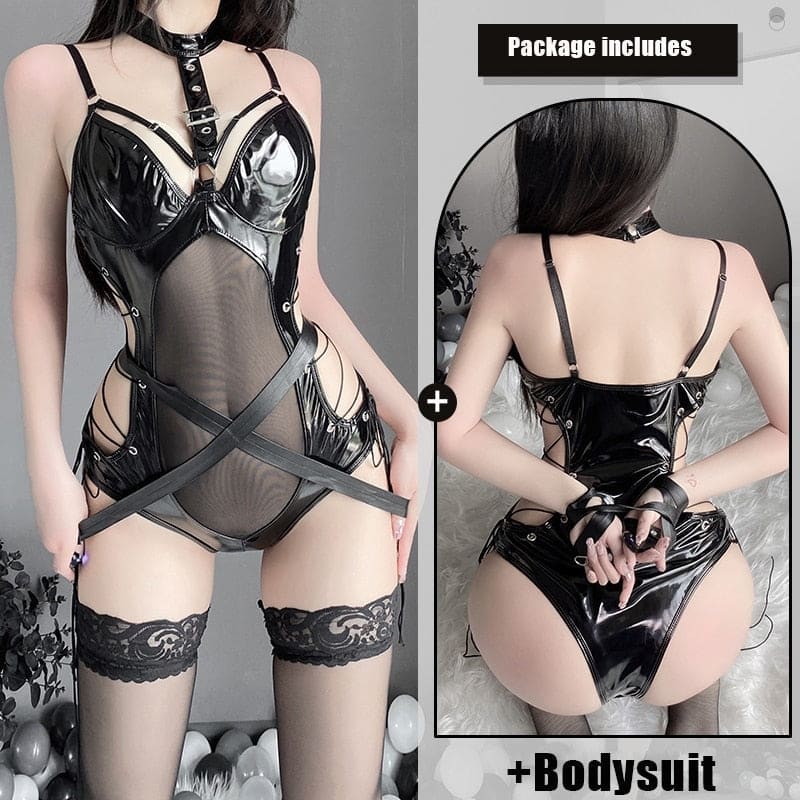 Black patent leather belted latex bodysuit set with lace trim and adjustable straps for a sleek look