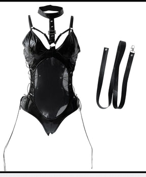 Black patent leather corset with adjustable straps and lace-up detailing in a belted latex bodysuit set