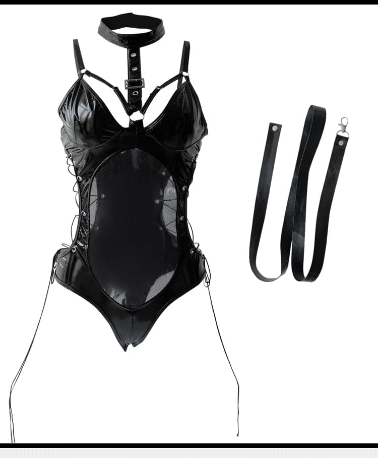 Black patent leather corset with adjustable straps and lace-up detailing in a belted latex bodysuit set