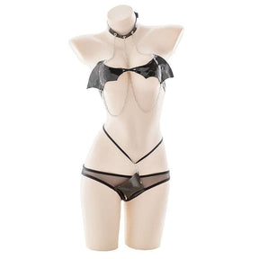 Black bat wing costume set featuring a glossy black latex bat wing lingerie with silver chain details