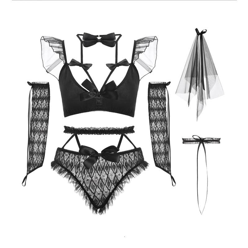 Black bridal lingerie pieces arranged against white: strappy bra with shoulder ruffles, lace briefs, long sleeves, bow choker, veil and a ribbon garter.