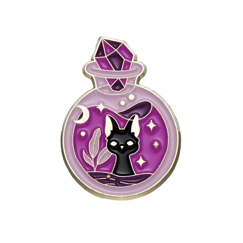 Purple potion-bottle enamel pin containing a black cat, with a crescent moon, stars, leafy sprig and faceted purple stopper.