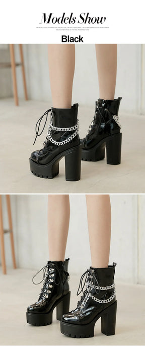 Two stacked outfit photographs of the glossy black platform boots, showing side and front views with silver-tone ankle chains.
