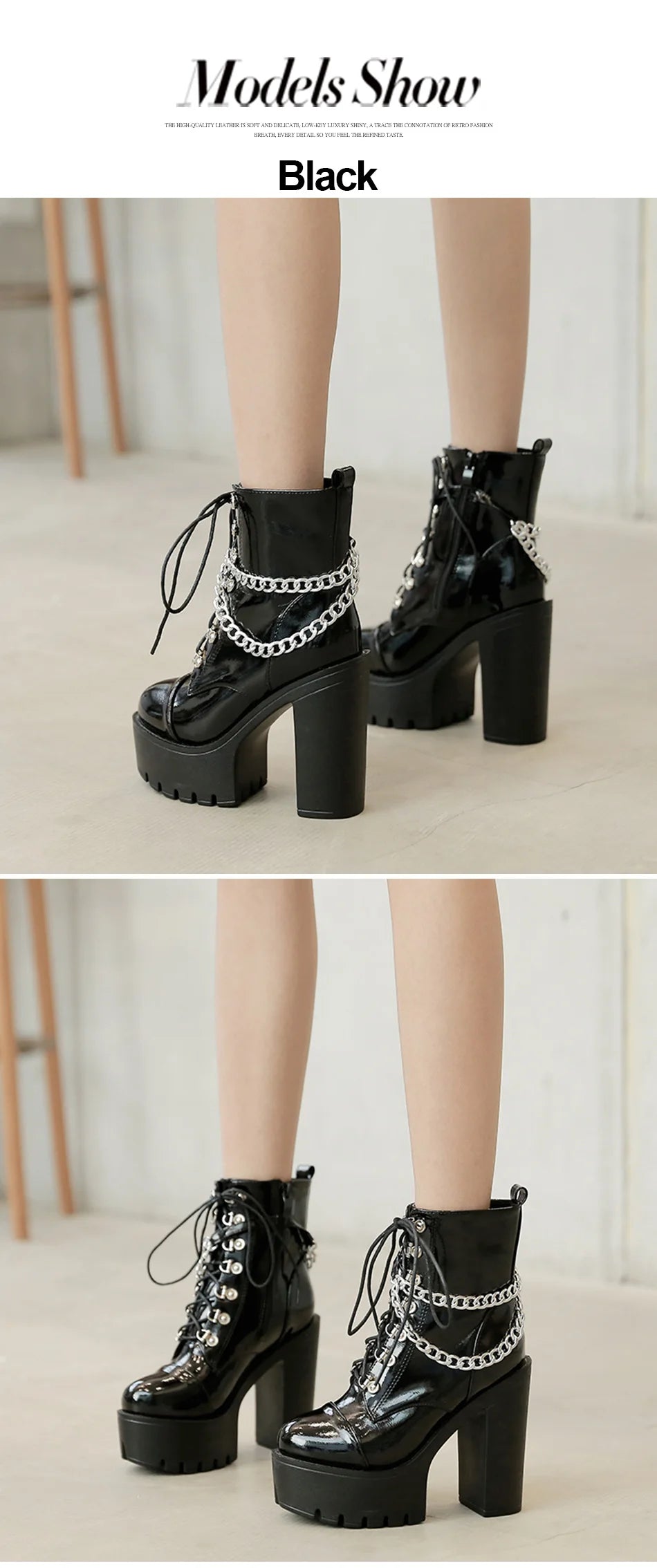 Two stacked outfit photographs of the glossy black platform boots, showing side and front views with silver-tone ankle chains.