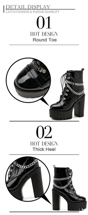 Product detail diagram of the glossy black platform boots, with enlarged views of the rounded toe and thick block heel.