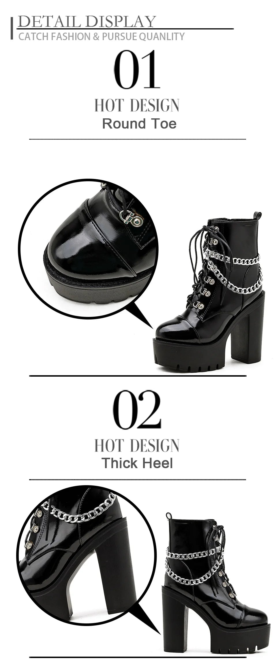Product detail diagram of the glossy black platform boots, with enlarged views of the rounded toe and thick block heel.