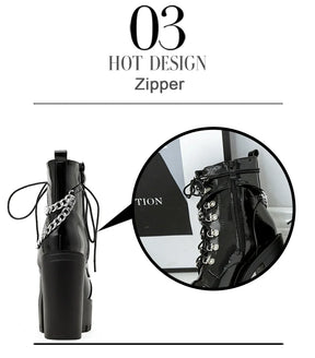 Rear boot view and circular close-up showing the side zipper on the glossy black chain platform boots.