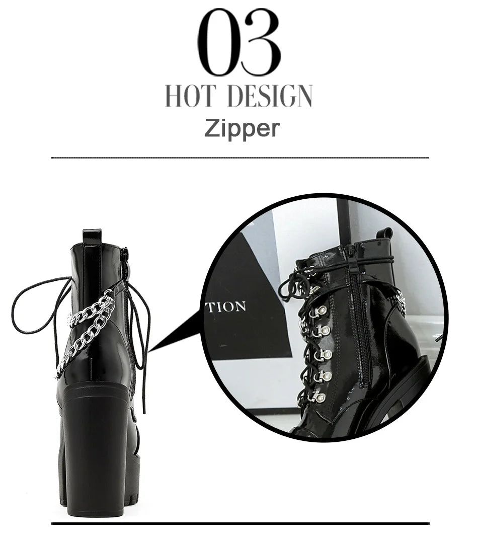 Rear boot view and circular close-up showing the side zipper on the glossy black chain platform boots.