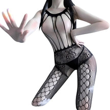 Black cutout fishnet bodystocking isolated against white, showing its rounded neckline, long torso openings and patterned waist.