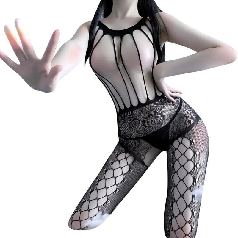 Black cutout fishnet bodystocking isolated against white, showing its rounded neckline, long torso openings and patterned waist.