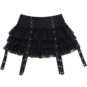 Rear flat view of the black ruffle mini skirt, showing the back waistband, mesh tiers and long eyelet straps.