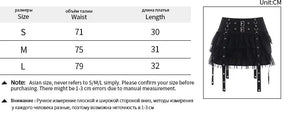 Size chart for the black eyelet strap ruffle mini skirt, listing waist and length measurements for S, M and L beside a front product view.