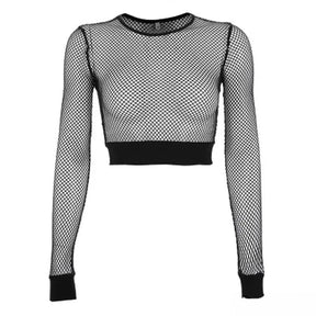 Black fishnet crop top against white, showing its completely sheer body and long sleeves with solid black cuffs and a wide hem band.