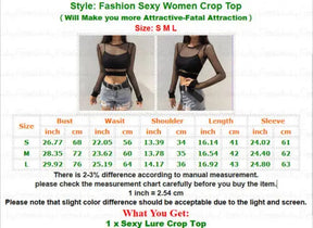 Size chart for the black fishnet crop top in S, M and L, with bust, waist, shoulder, length and sleeve measurements beside layered outfit examples.
