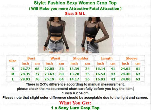Size chart for the black fishnet crop top in S, M and L, with bust, waist, shoulder, length and sleeve measurements beside layered outfit examples.