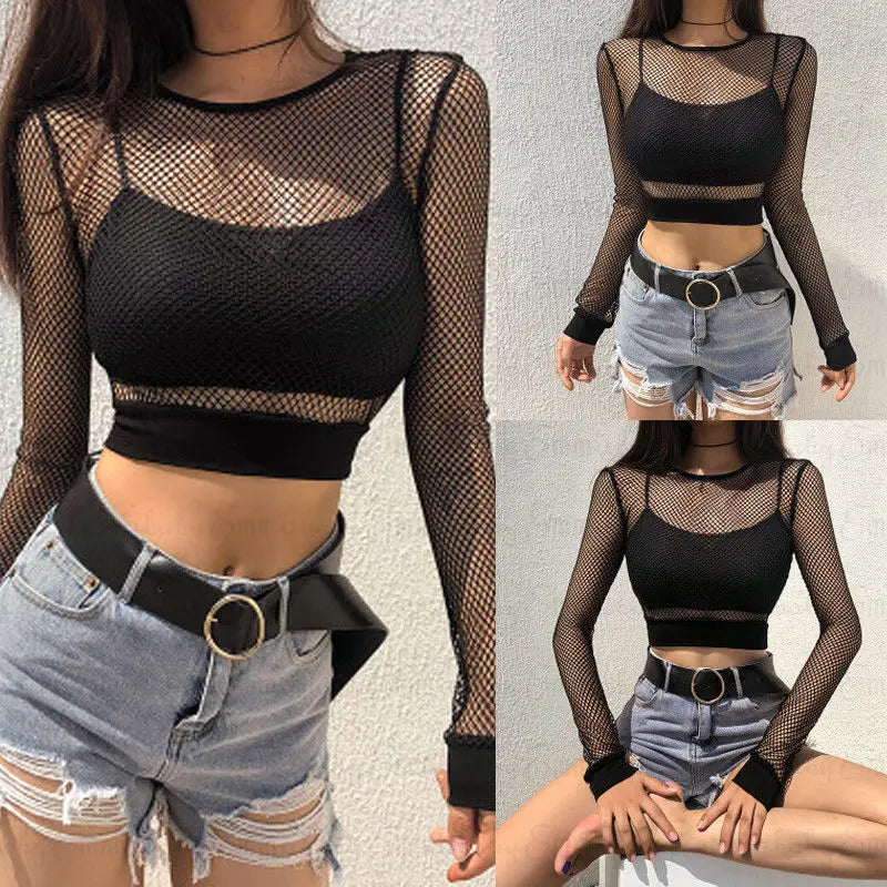 Three-panel view of a black long sleeve fishnet crop top over a black bralette. Standing and seated views show the open mesh, cuffs and short solid hem band.