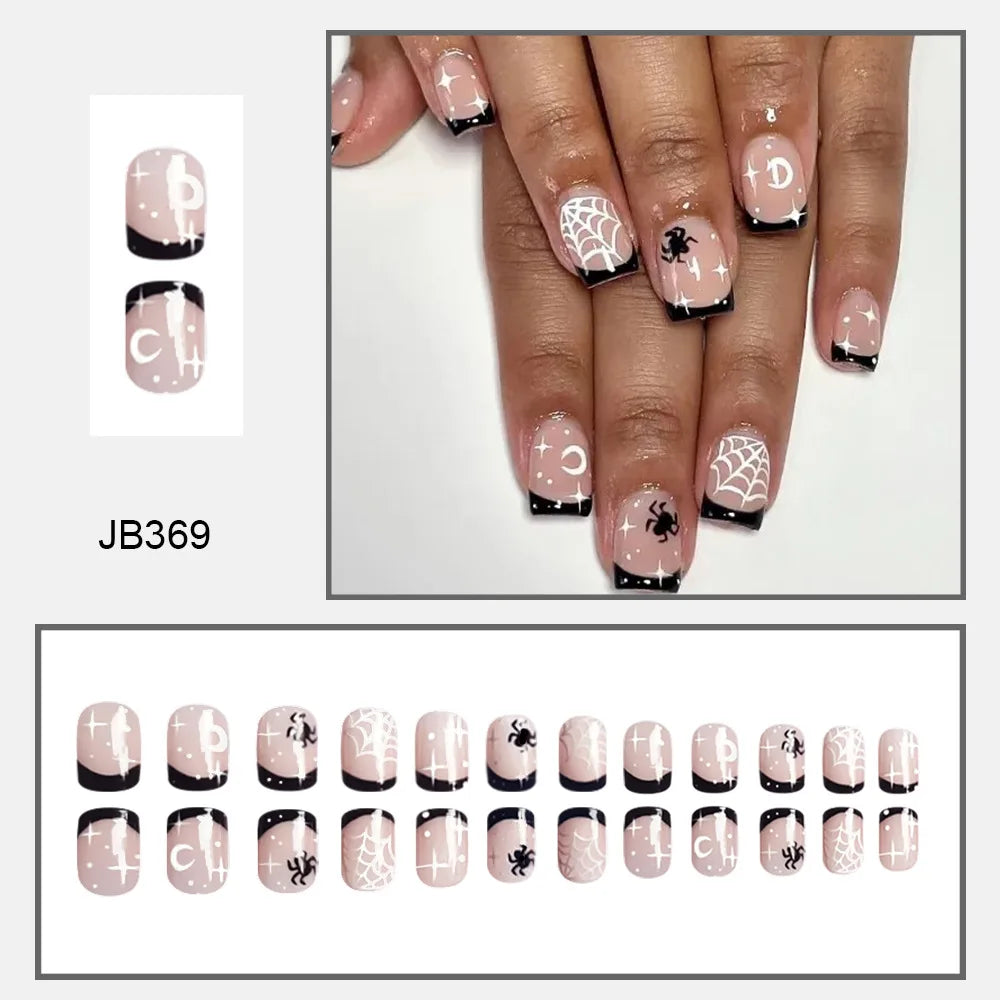 Short pink square nails with black French tips, white spiderwebs and tiny black spiders, shown worn and laid out by size.