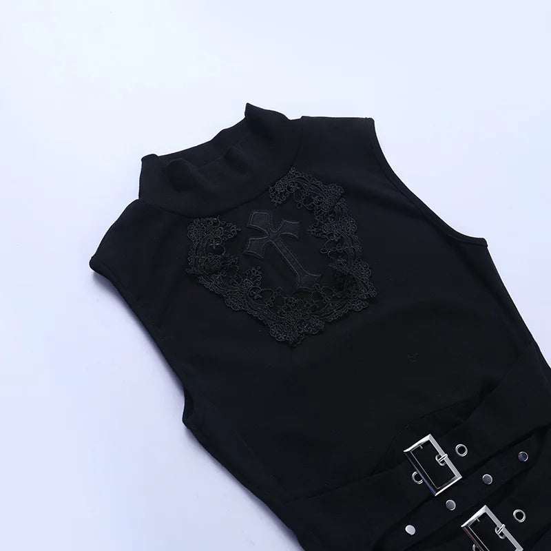 Black gothic cross top laid flat showing neckline and buckle details