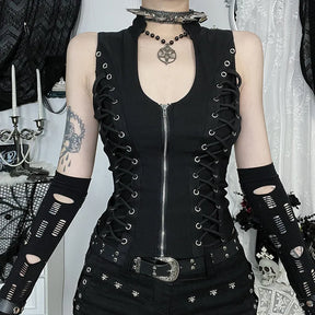 Black gothic lace-up zip-front tank styled with alternative accessories