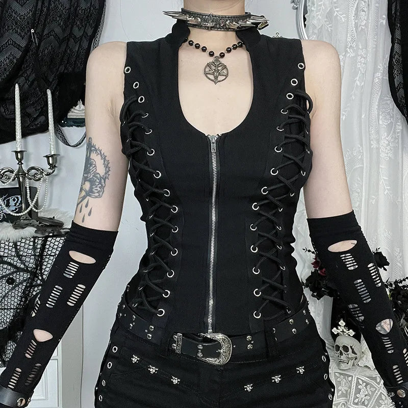 Black gothic lace-up zip-front tank styled with alternative accessories