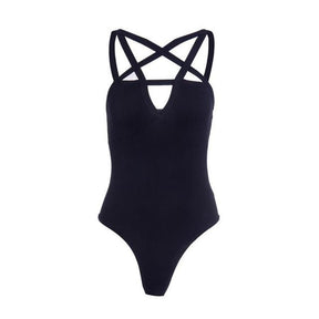 Black pentagram-neckline bodysuit isolated against white, with open crossing straps, curved bust seams and a plain fitted body.