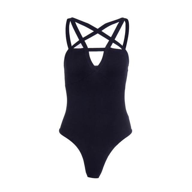 Black pentagram-neckline bodysuit isolated against white, with open crossing straps, curved bust seams and a plain fitted body.