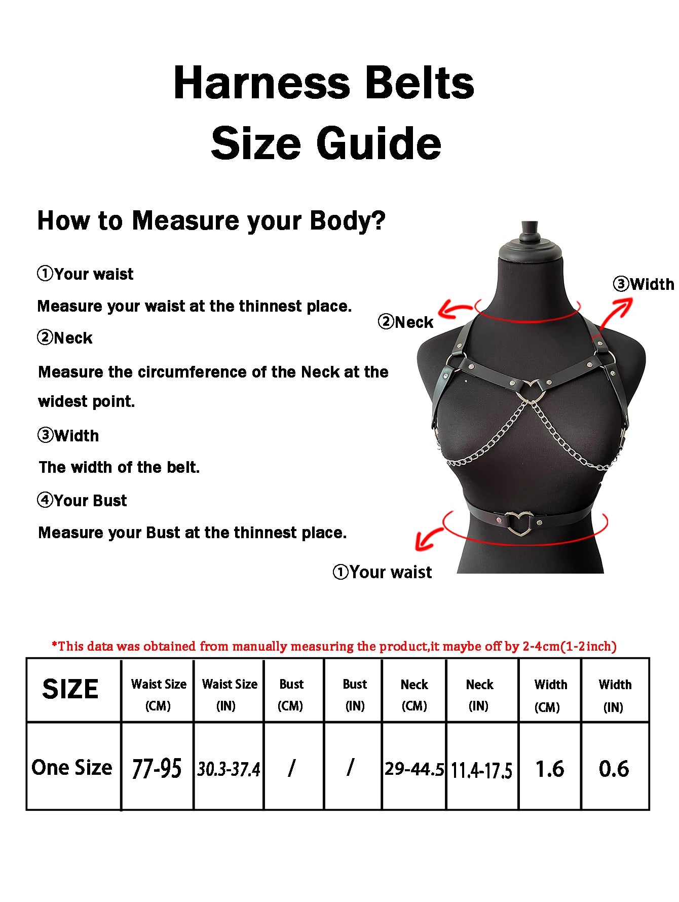 Size chart for the black heart ring harness and waist belt, with a mannequin diagram indicating the neck, waist and strap-width measurements.