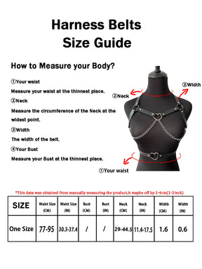 Size chart for the black heart ring harness and waist belt, with a mannequin diagram indicating the neck, waist and strap-width measurements.
