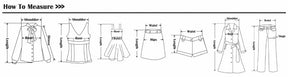 Illustrated garment measurement guide showing where to measure the body and different clothing shapes; this diagram does not supply size-specific dress measurements.