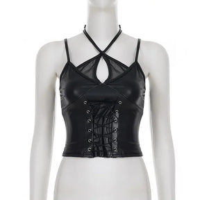 Straight front mannequin view of the black crop top with crossed halter ties, a mesh keyhole and central eyelet lacing.