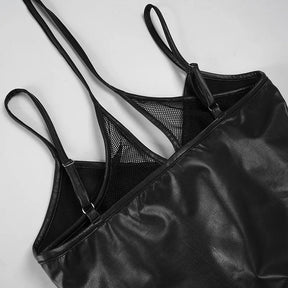 Close flat view of the black top's thin straps, sheer mesh upper panels and glossy neckline edges.