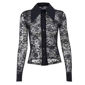 Front view of the black sheer lace blouse against white, with oversized pointed collar, black buttons and solid cuffs.