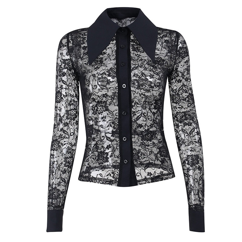 Front view of the black sheer lace blouse against white, with oversized pointed collar, black buttons and solid cuffs.