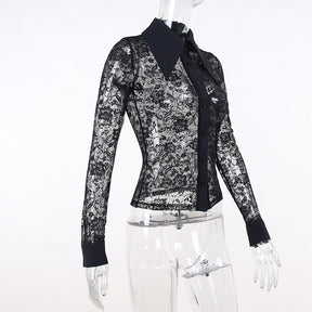 Angled mannequin view of the black lace blouse, with a solid collar and button placket contrasting against the sheer floral pattern.