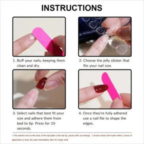 Illustrated press-on nail application guide showing preparation, adhesive-tab selection, pressing the nail into place and filing the tip.