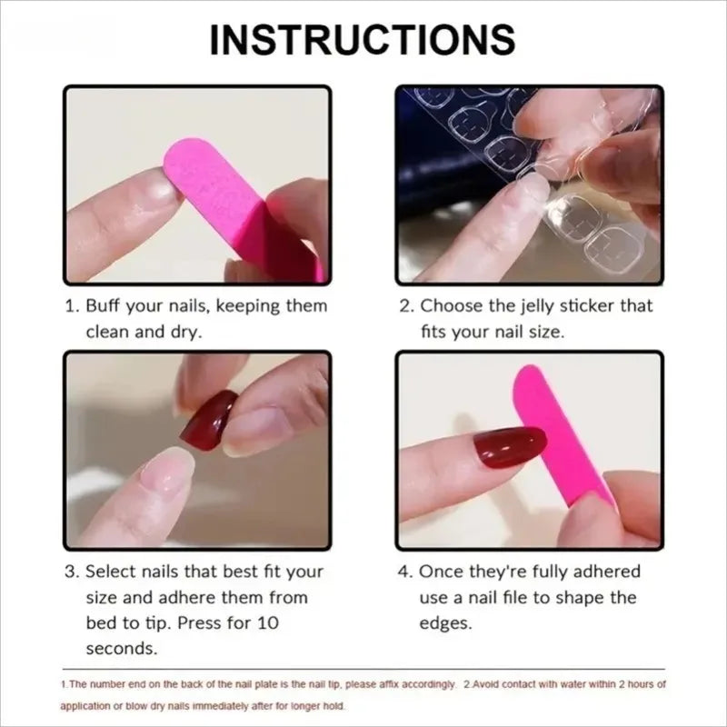Illustrated press-on nail application guide showing preparation, adhesive-tab selection, pressing the nail into place and filing the tip.