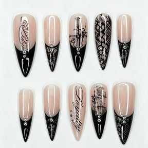 Ten black-and-nude stiletto nail designs displayed on white, showing pointed French tips, lace panels and fine decorative script.