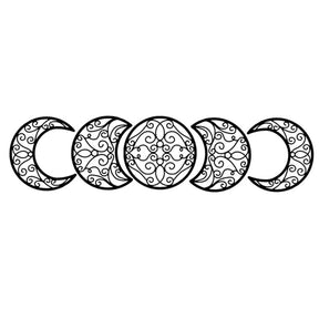 Five black moon-phase cutouts isolated on white, showing the crescent, fuller moon and circular centre shapes.
