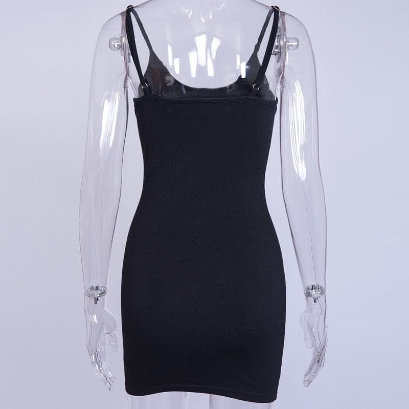 Rear mannequin view of the black pentagram bodycon dress, showing the plain back and slim adjustable shoulder straps.
