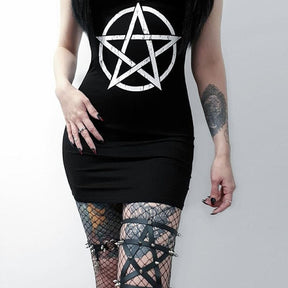 Black gothic bodycon dress styled with fishnet stockings and a separate leg garter, showing the distressed white pentagram print at the front.