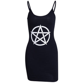 Black pentagram bodycon mini dress isolated on white, with spaghetti straps and a large white pentagram enclosed in a circle.