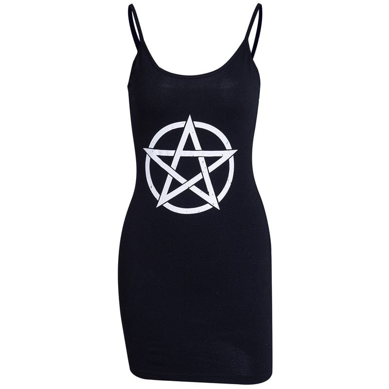 Black pentagram bodycon mini dress isolated on white, with spaghetti straps and a large white pentagram enclosed in a circle.
