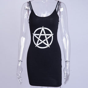 Black sleeveless pentagram mini dress on a clear mannequin, showing its fitted silhouette and short straight hem.
