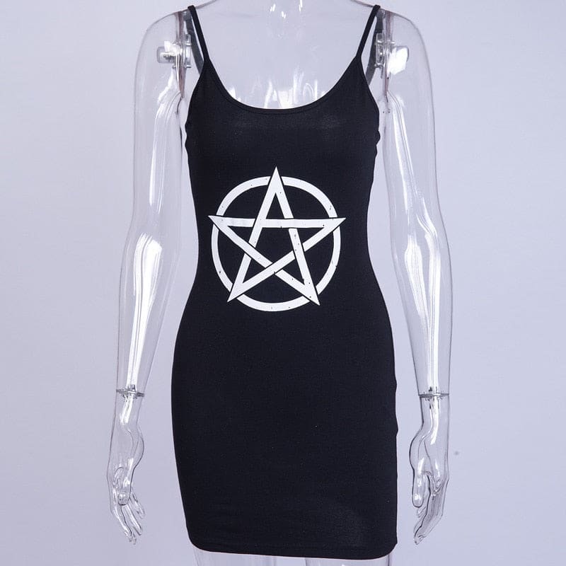 Black sleeveless pentagram mini dress on a clear mannequin, showing its fitted silhouette and short straight hem.