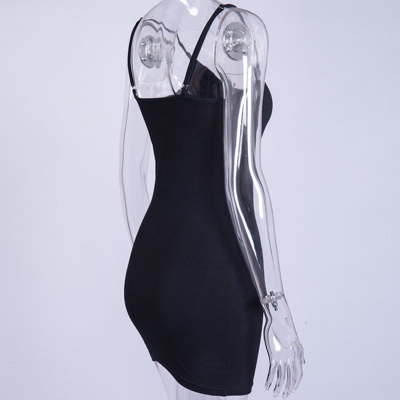 Side view of the black bodycon dress on a clear mannequin, showing the fitted waist and plain black side and back.