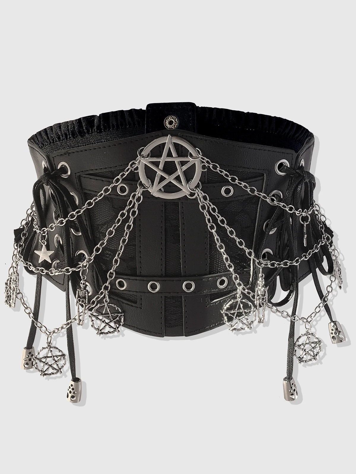 Black pentagram chain waist belt on a plain background