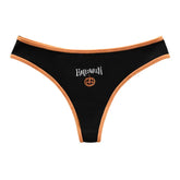 Black ribbed Halloween thong with orange trim, white lettering and a small orange jack-o-lantern at the front.