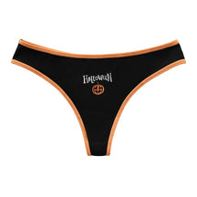 Black ribbed Halloween thong with orange trim, white lettering and a small orange jack-o-lantern at the front.