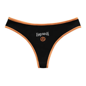 Black ribbed Halloween thong with orange trim, white lettering and a small orange jack-o-lantern at the front.