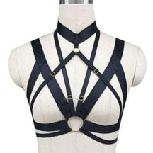 Black hardware version of the O-ring chest harness, with dark rings linking the choker and crossed front straps.